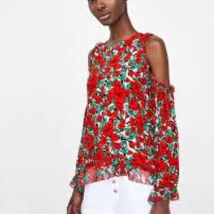Zara Women's Cold Shoulder Blouse Red Floral Ruffle Top X-Small